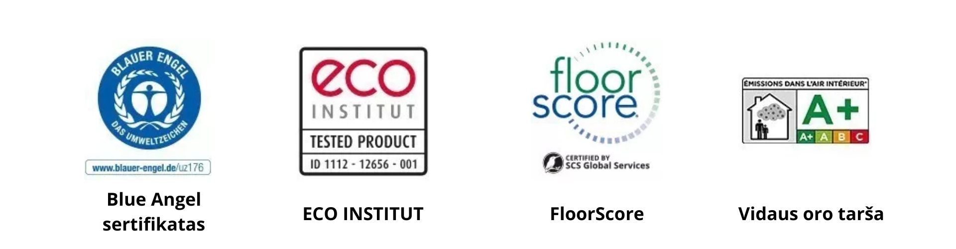 Sertifikatai: blue angel; eco-institut; floor score