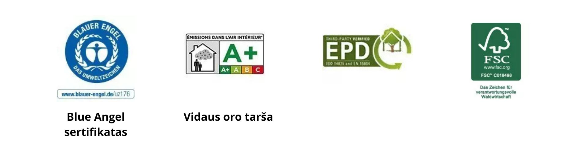 Parador medinių grindų sertifikatai (blue angel; EPD; FSC)