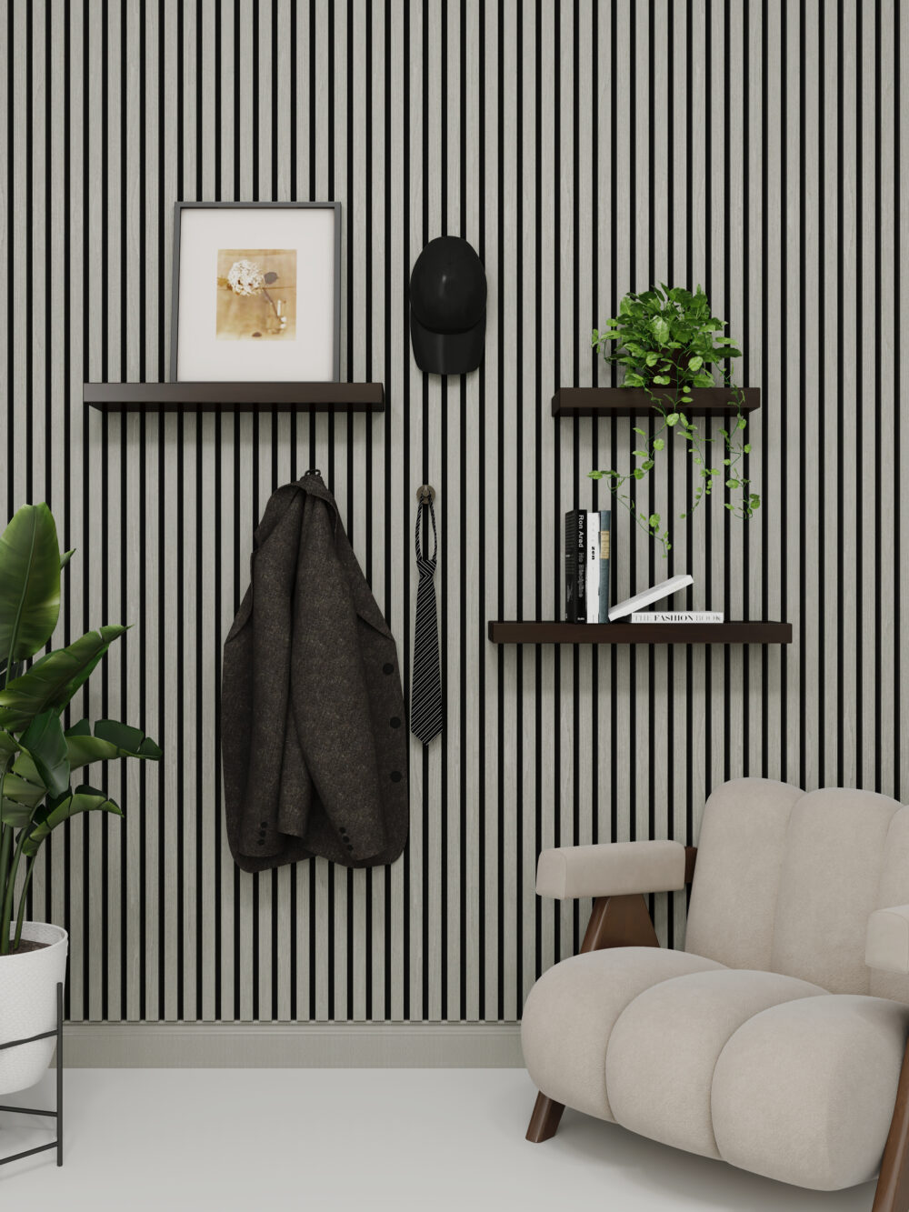 Akustinė tašelių plokštė sienoms su natūralaus medžio lukšto padengimo. Spalva: pilkasis ąžuolas